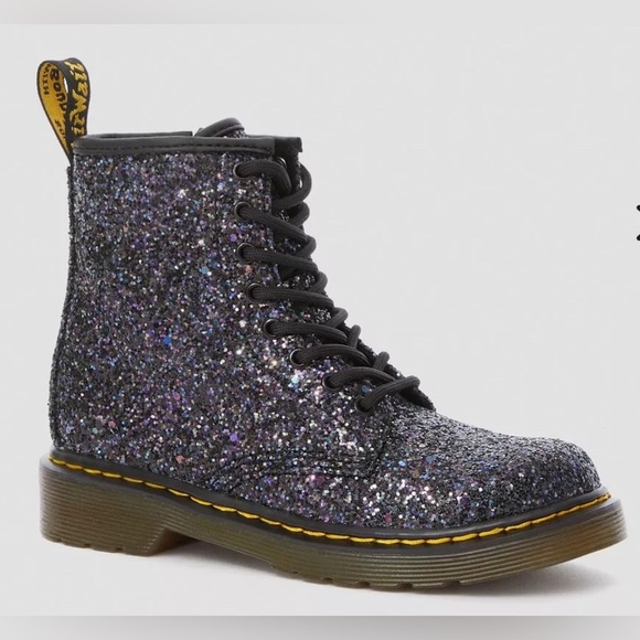 Dr. Martens Kids Lace up Zipper Boots Chunky Glitter 1460 Black Purple Pink US3 - Picture 1 of 9
